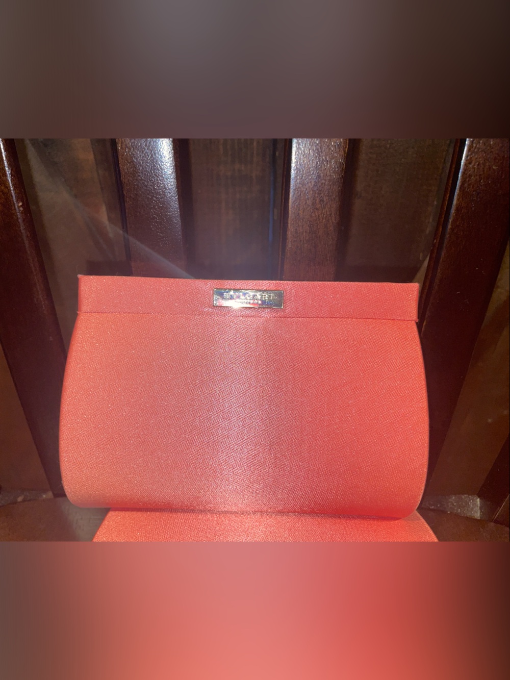 Bvlgari Coral Pink Satin Clutch with Gold Logo Plaque